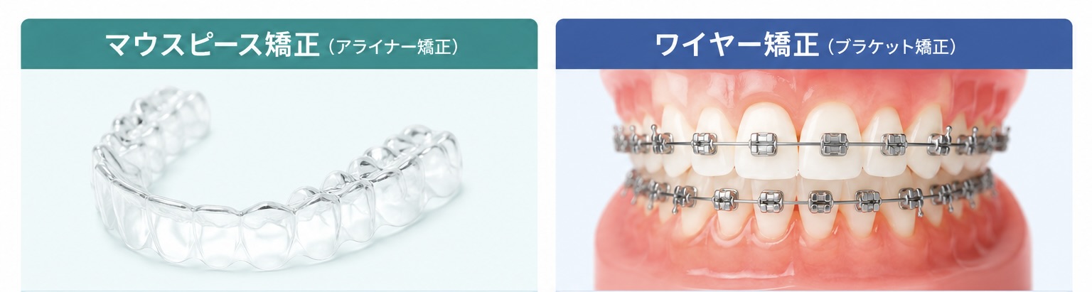 マウスピース矯正とワイヤー矯正の特徴を比較した図