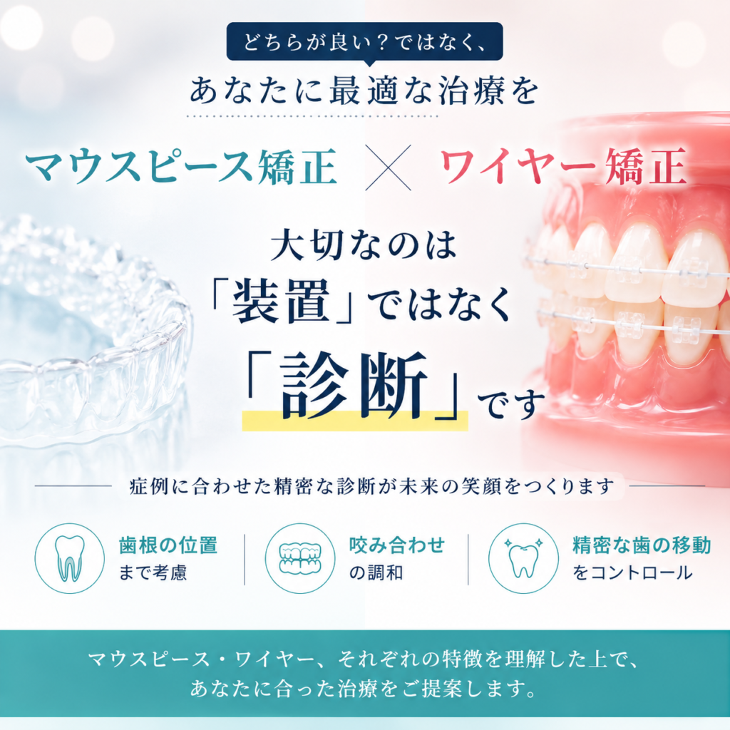 マウスピース矯正とワイヤー矯正を比較し、装置ではなく診断の重要性を伝える矯正歯科のイメージ