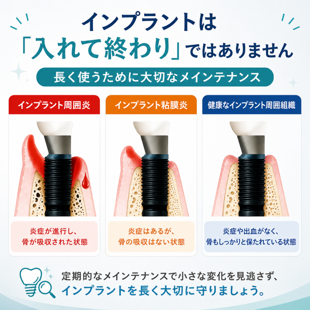 インプラントを長く使うためのメインテナンス｜インプラント周囲炎・粘膜炎・健康な周囲組織の比較