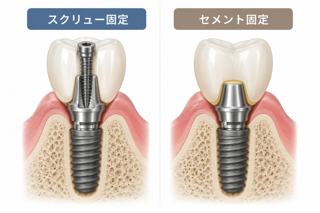 インプラント上部構造のスクリュー固定とセメント固定の違いを示した模式図