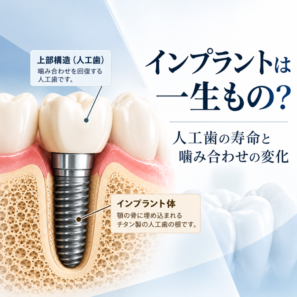 インプラントは一生もの？人工歯の寿命と噛み合わせの変化について解説。インプラント体と上部構造の模式図。